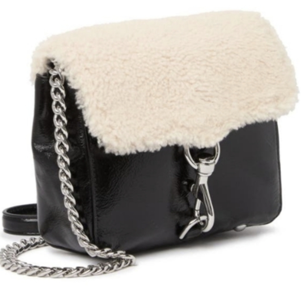 Rebecca Minkoff Black Patent Leather and Shearling Crossbody Shoulder Bag